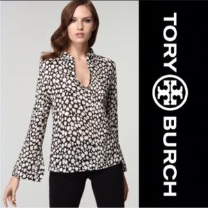 TORY BURCH Stephanie Tunic Blouse Black V-Neck Long-Sleeve Size US 12